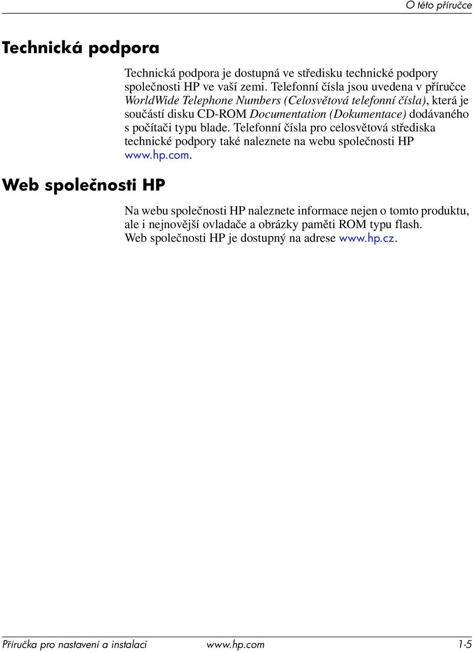 dodávaného s počítači typu blade. Telefonní čísla pro celosvětová střediska technické podpory také naleznete na webu společnosti HP www.hp.com.