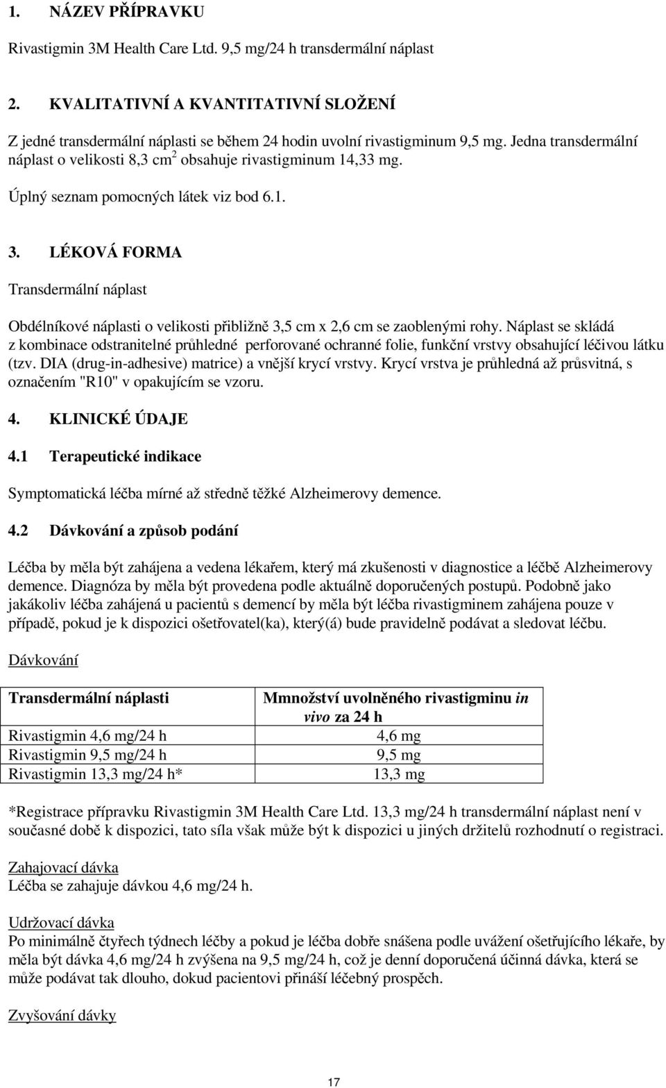 Úplný seznam pomocných látek viz bod 6.1. 3. LÉKOVÁ FORMA Transdermální náplast Obdélníkové náplasti o velikosti přibližně 3,5 cm x 2,6 cm se zaoblenými rohy.