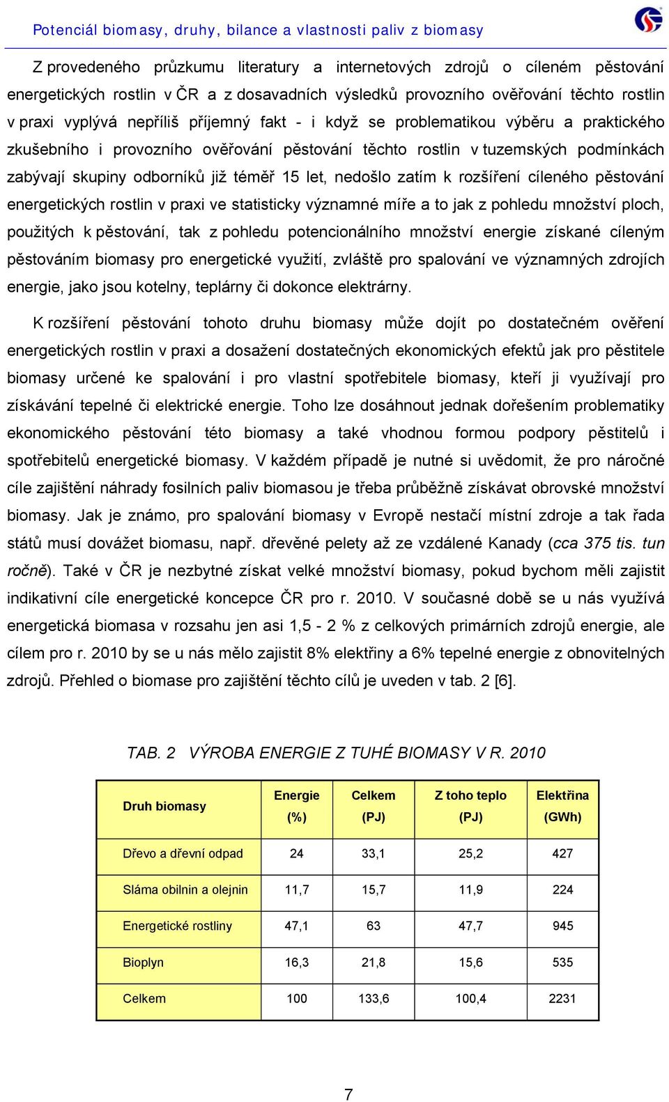 rozšíření cíleného pěstování energetických rostlin v praxi ve statisticky významné míře a to jak z pohledu množství ploch, použitých k pěstování, tak z pohledu potencionálního množství energie