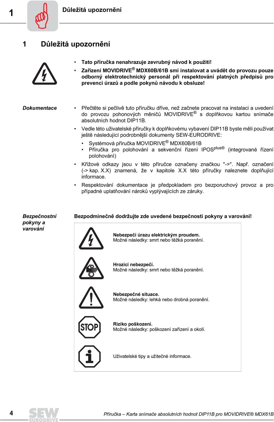 Dokumentace Přečtěte si pečlivě tuto příručku dříve, než začnete pracovat na instalaci a uvedení do provozu pohonových měničů MOVDRVE s doplňkovou kartou snímače absolutních hodnot DP11B.