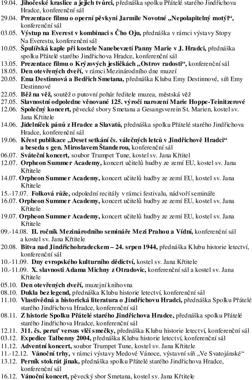 Hradci, přednáška spolku Přátelé starého Jindřichova Hradce, konferenční sál 13.05. Prezentace filmu o Krýzových jesličkách Ostrov radosti, konferenční sál 18.05. Den otevřených dveří, v rámci Mezinárodního dne muzeí 20.