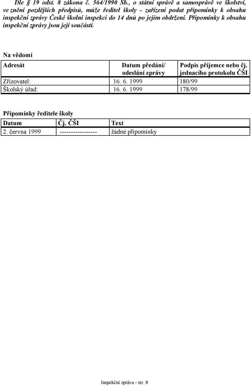 zprávy České školní inspekci do 14 dnů po jejím obdržení. Připomínky k obsahu inspekční zprávy jsou její součástí.