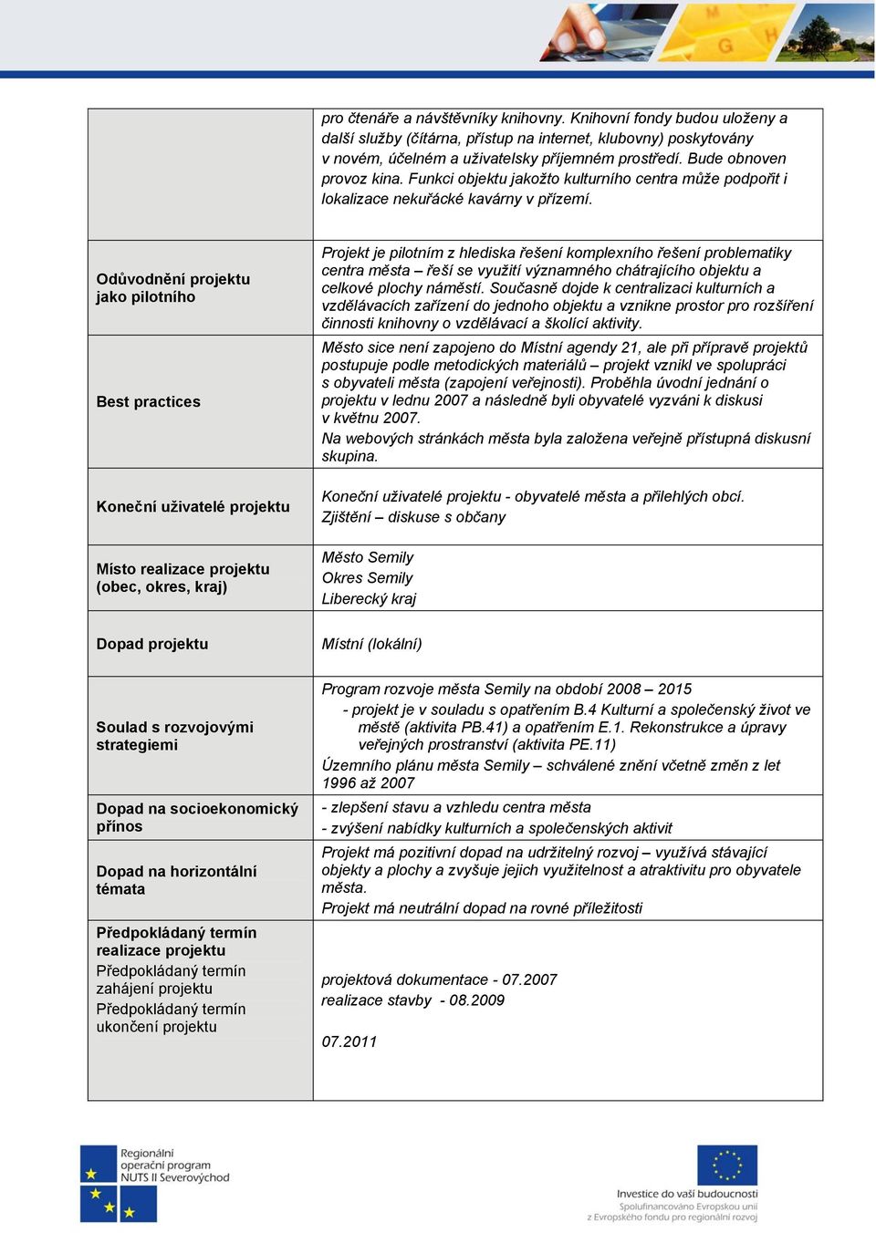 Odůvodnění projektu jako pilotního Best practices Koneční uživatelé projektu Místo realizace projektu (obec, okres, kraj) Projekt je pilotním z hlediska řešení komplexního řešení problematiky centra