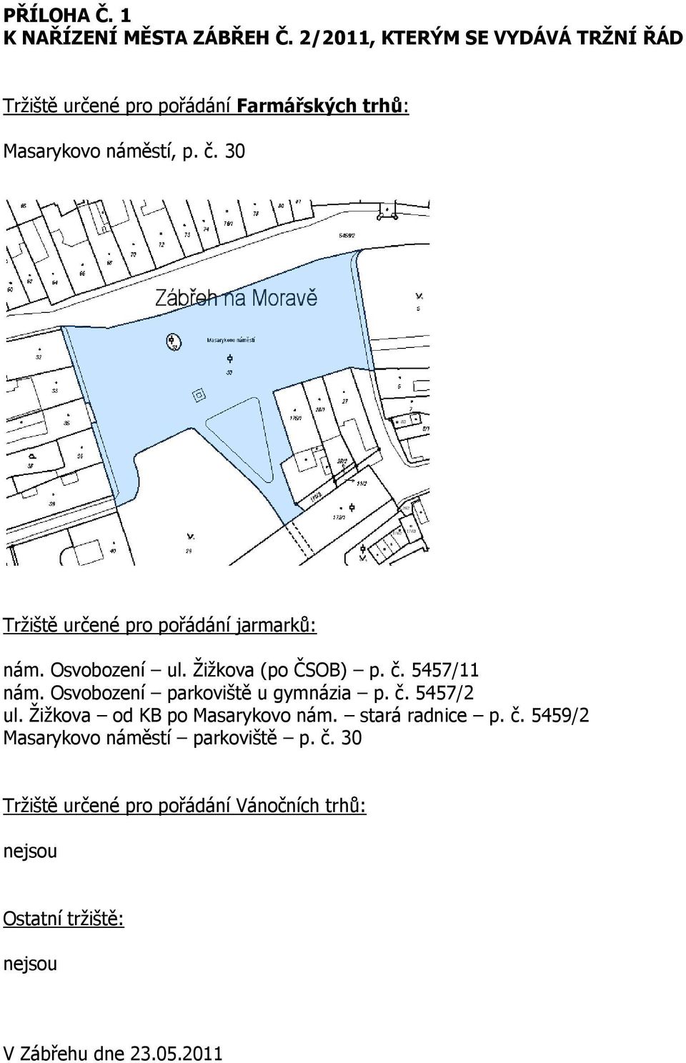 30 Tržiště určené pro pořádání jarmarků: nám. Osvobození ul. Žižkova (po ČSOB) p. č. 5457/11 nám.