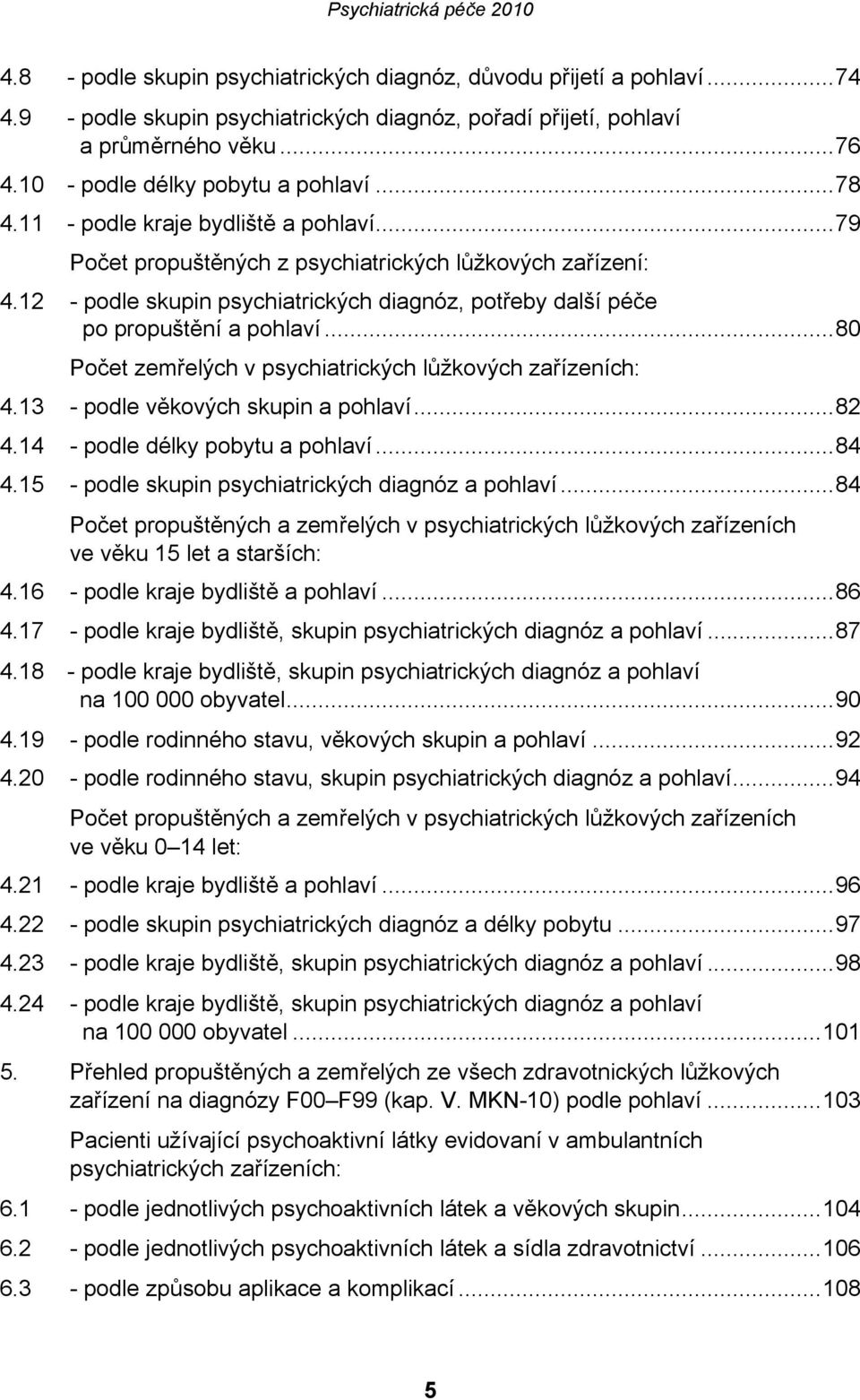 12 - podle skupin psychiatrických diagnóz, potřeby další péče po propuštění a pohlaví...80 Počet zemřelých v psychiatrických lůžkových zařízeních: 4.13 - podle věkových skupin a pohlaví...82 4.