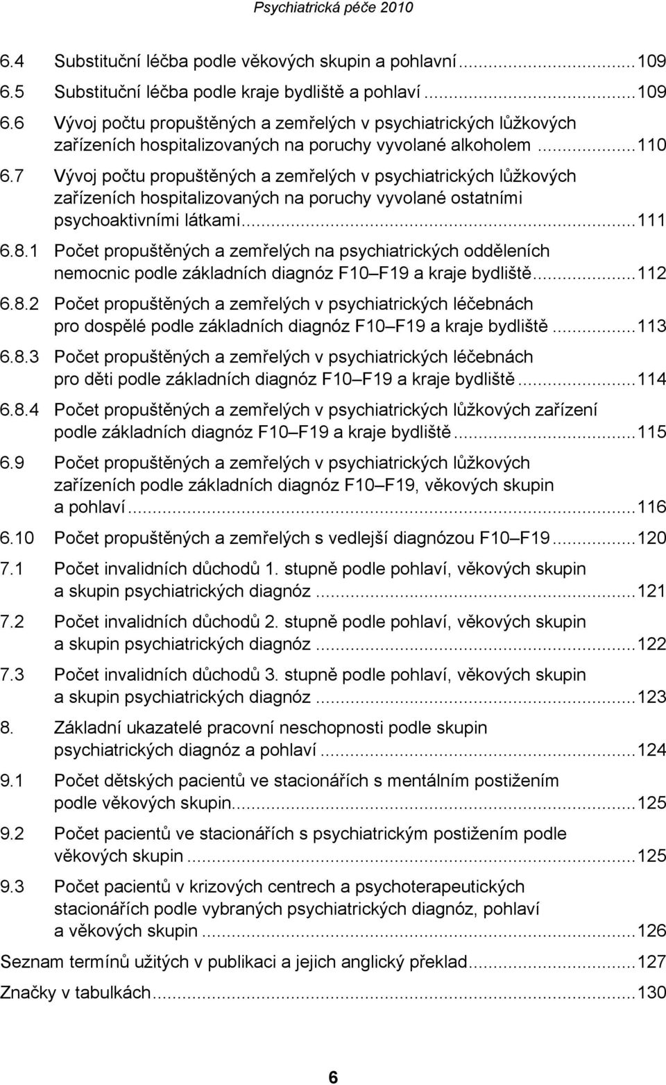 1 Počet propuštěných a zemřelých na psychiatrických odděleních nemocnic podle základních diagnóz F10 F19 a kraje bydliště...112 6.8.