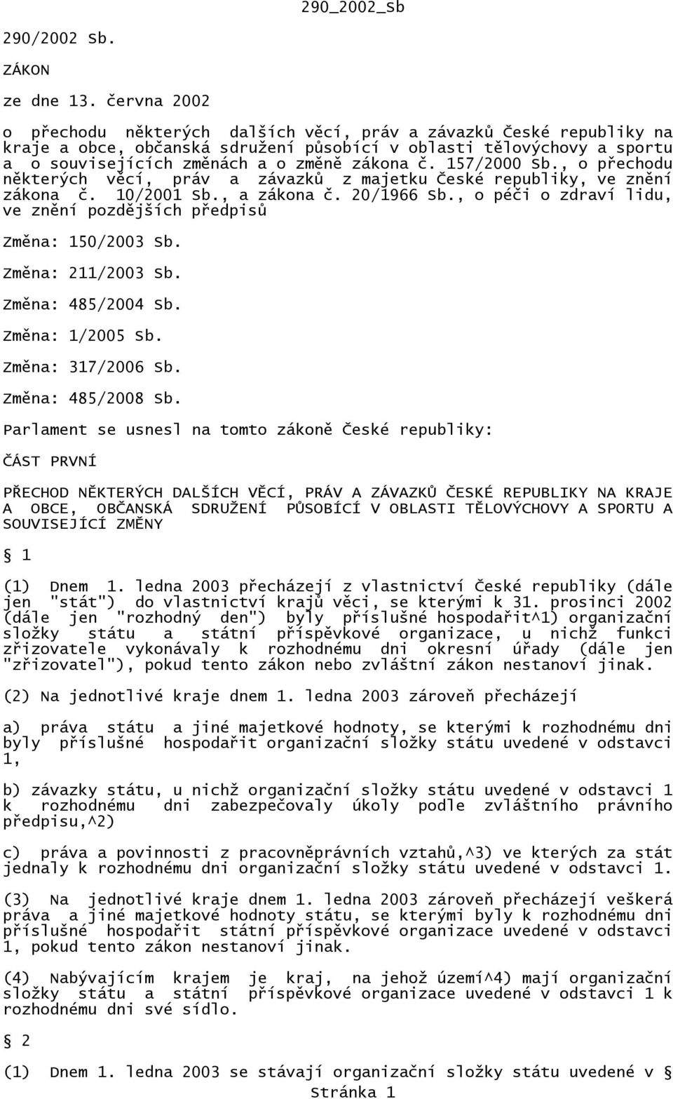 157/2000 Sb., o přechodu některých věcí, práv a závazků z majetku České republiky, ve znění zákona č. 10/2001 Sb., a zákona č. 20/1966 Sb.