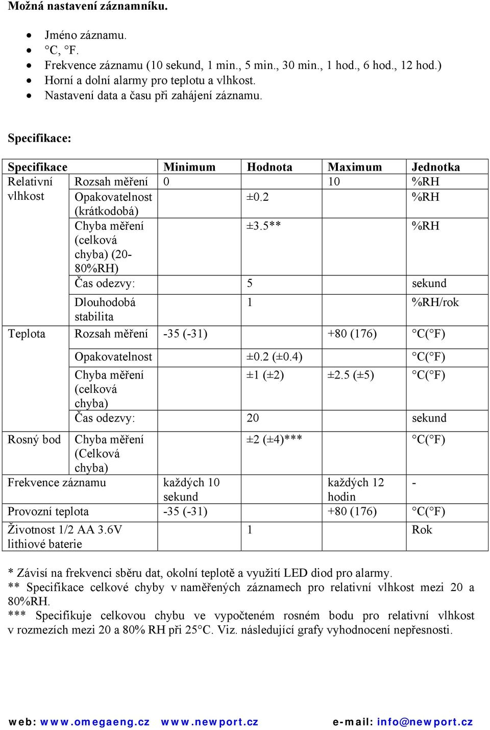 5** %RH (celková chyba) (20-80%RH) Čas odezvy: 5 sekund Dlouhodobá 1 %RH/rok stabilita Teplota Rozsah měření -35 (-31) +80 (176) C( F) Opakovatelnost ±0.2 (±0.4) C( F) Chyba měření ±1 (±2) ±2.