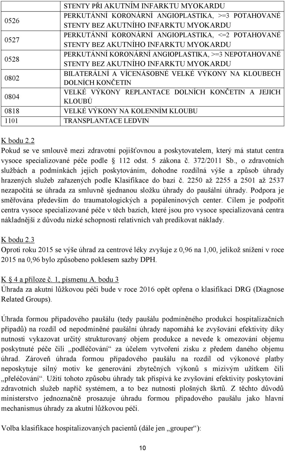 0804 VELKÉ VÝKONY REPLANTACE DOLNÍCH KONČETIN A JEJICH KLOUBŮ 0818 VELKÉ VÝKONY NA KOLENNÍM KLOUBU 1101 TRANSPLANTACE LEDVIN K bodu 2.