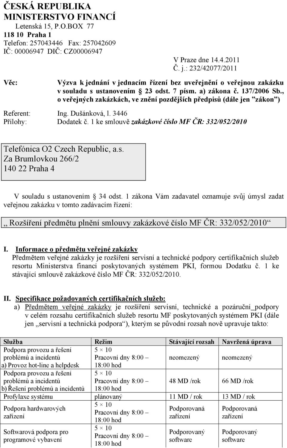 , o veřejných zakázkách, ve znění pozdějších předpisů (dále jen zákon ) Referent: Ing. Dušánková, l. 3446 Přílohy: Dodatek č.