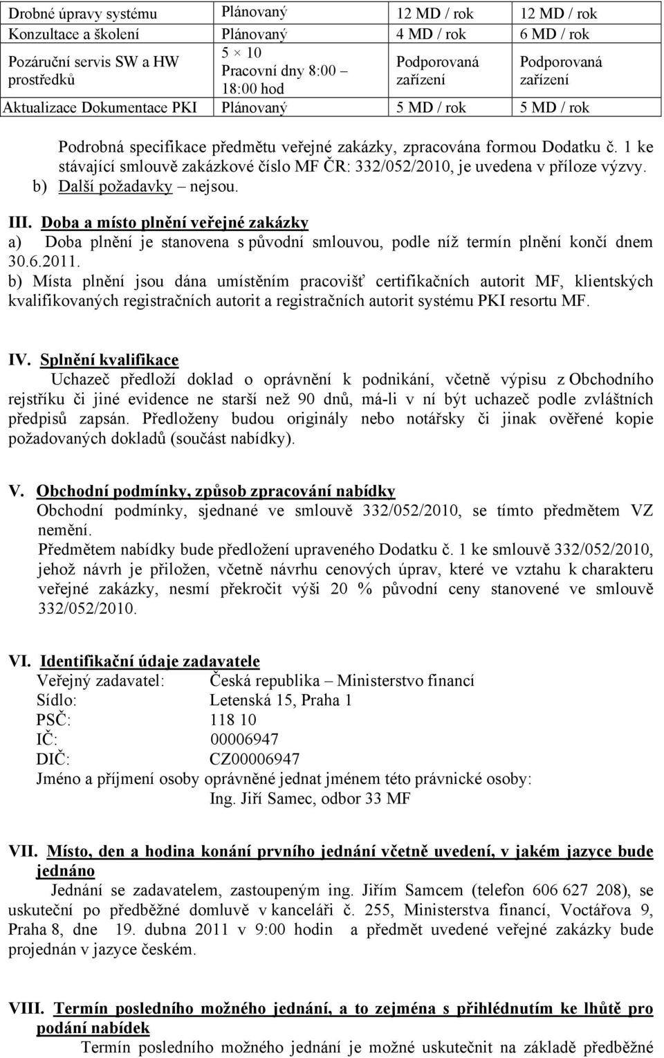 1 ke stávající smlouvě zakázkové číslo MF ČR: 332/052/2010, je uvedena v příloze výzvy. b) Další požadavky nejsou. III.
