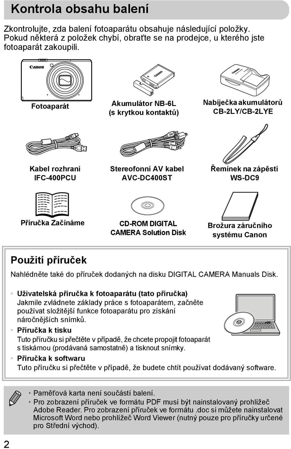 DIGITAL CAMERA Solution Disk Brožura záručního systému Canon Použití příruček Nahlédněte také do příruček dodaných na disku DIGITAL CAMERA Manuals Disk.