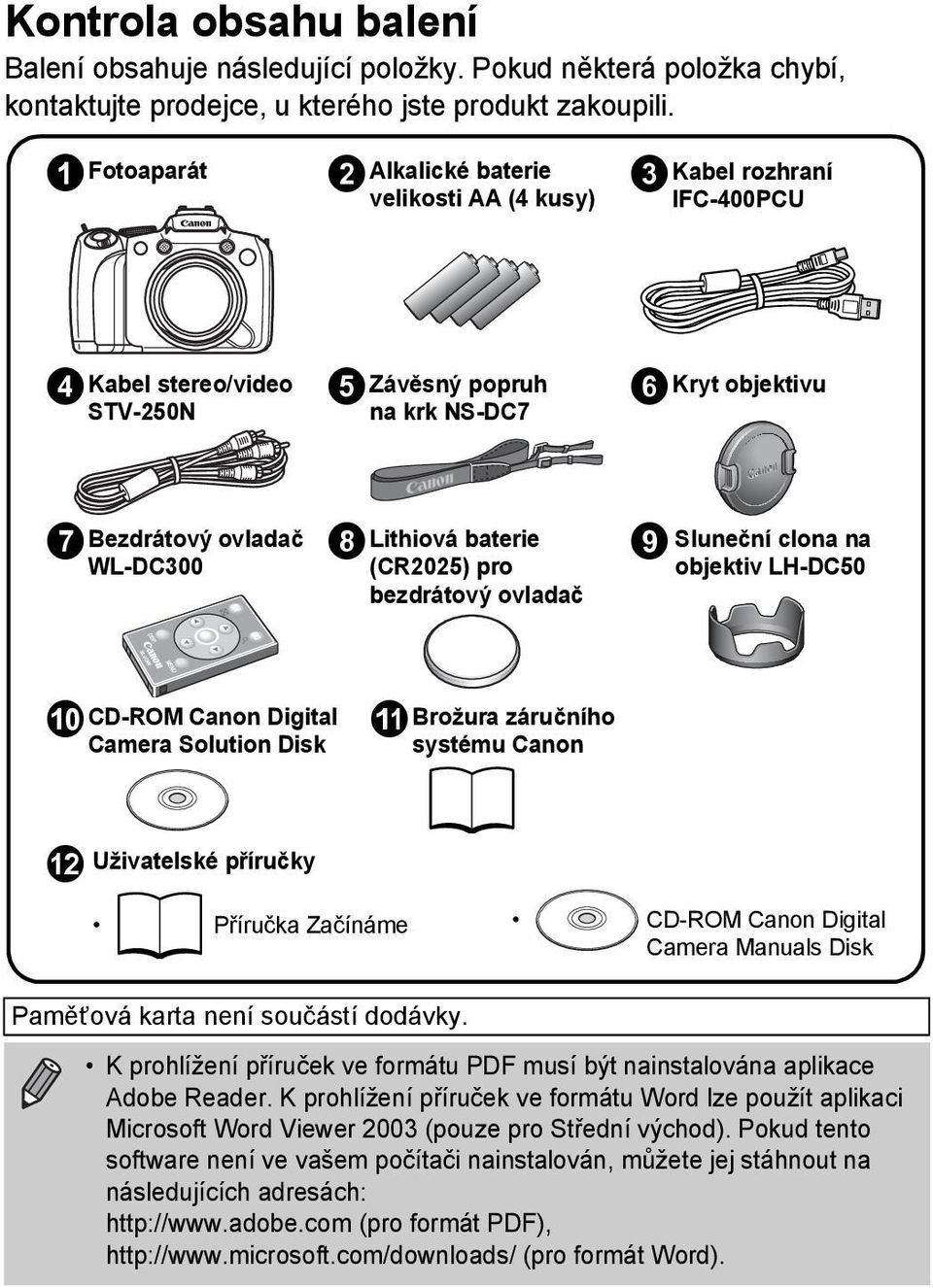 baterie (CR2025) pro bezdrátový ovladač i Sluneční clona na objektiv LH-DC50 j CD-ROM Canon Digital Camera Solution Disk k Brožura záručního systému Canon l Uživatelské příručky Příručka Začínáme