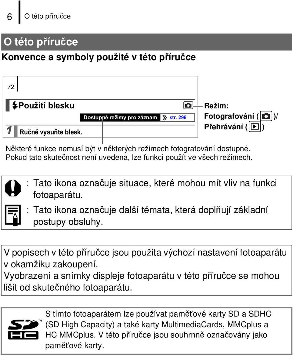 : Tato ikona označuje situace, které mohou mít vliv na funkci fotoaparátu. : Tato ikona označuje další témata, která doplňují základní postupy obsluhy.