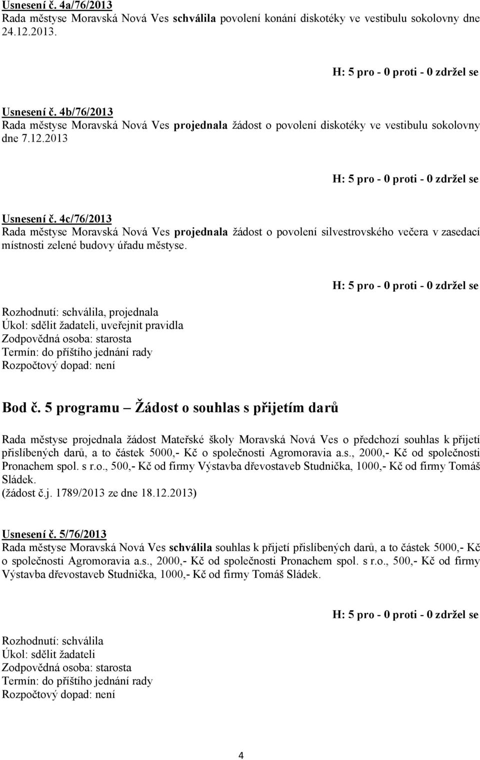 4c/76/2013 Rada městyse Moravská Nová Ves projednala žádost o povolení silvestrovského večera v zasedací místnosti zelené budovy úřadu městyse.