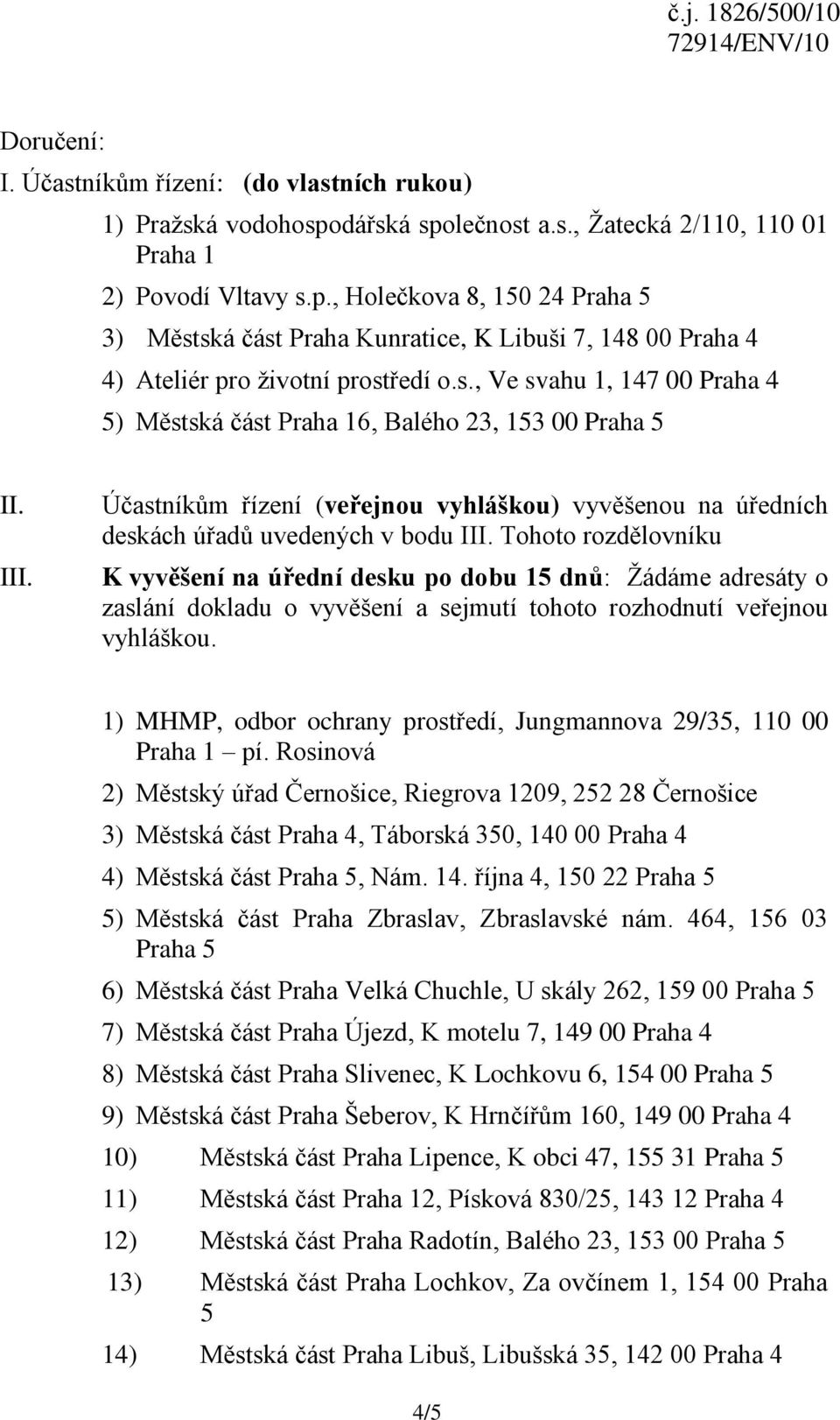 Tohoto rozdělovníku K vyvěšení na úřední desku po dobu 15 dnů: Ţádáme adresáty o zaslání dokladu o vyvěšení a sejmutí tohoto rozhodnutí veřejnou vyhláškou.