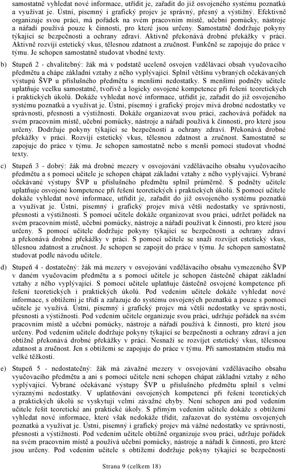 Samostatně dodržuje pokyny týkající se bezpečnosti a ochrany zdraví. Aktivně překonává drobné překážky v práci. Aktivně rozvíjí estetický vkus, tělesnou zdatnost a zručnost.