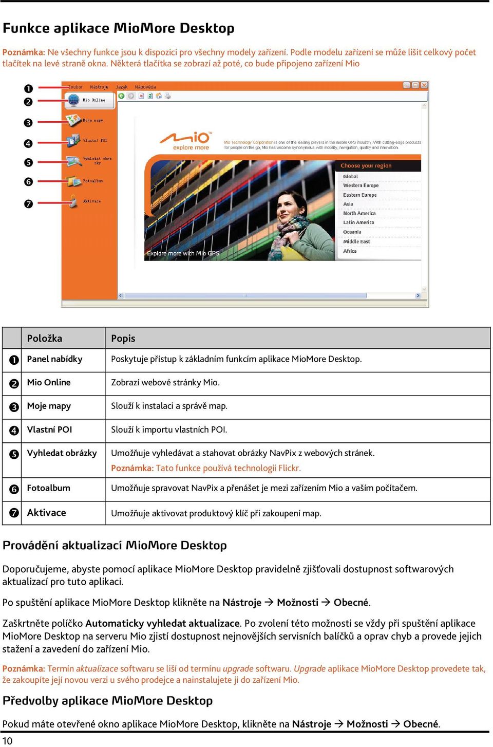 MioMore Desktop. Zobrazí webové stránky Mio. Slouží k instalaci a správě map. Slouží k importu vlastních POI. Umožňuje vyhledávat a stahovat obrázky NavPix z webových stránek.