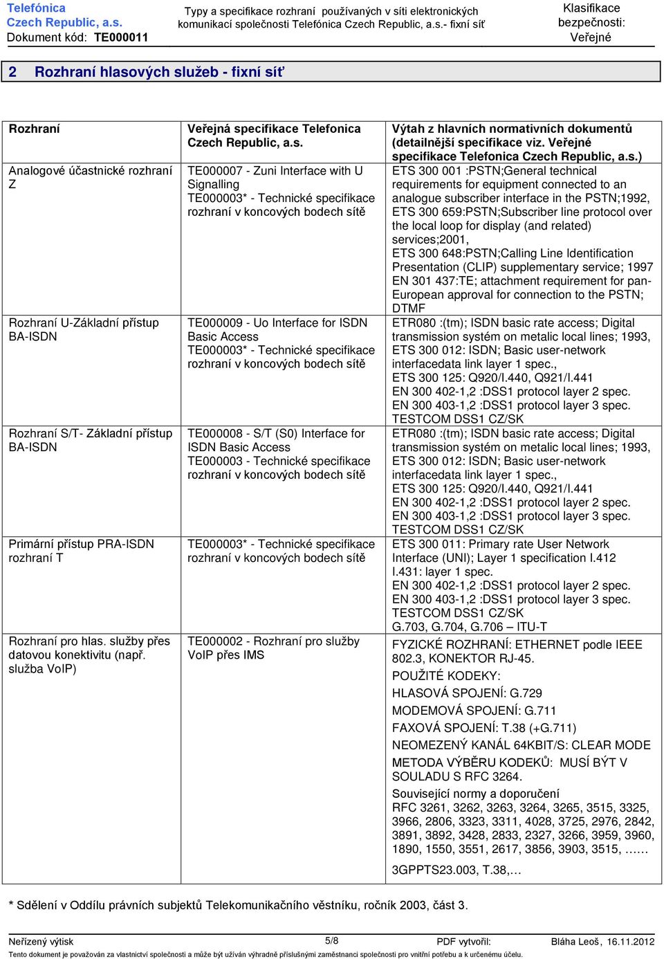 služba VoIP) Veřejná specifikace Telefonica TE000007 - Zuni Interface with U Signalling TE000003* - Technické specifikace rozhraní v koncových bodech sítě TE000009 - Uo Interface for ISDN Basic