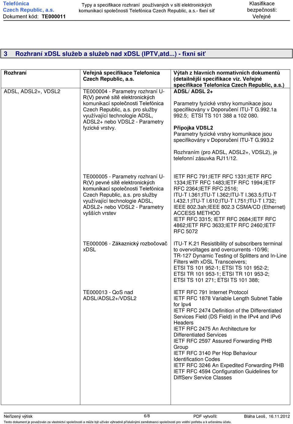 technologie ADSL, ADSL2+ nebo VDSL2 - Parametry fyzické vrstvy. Výtah z hlavních normativních dokumentů (detailnější specifikace viz.