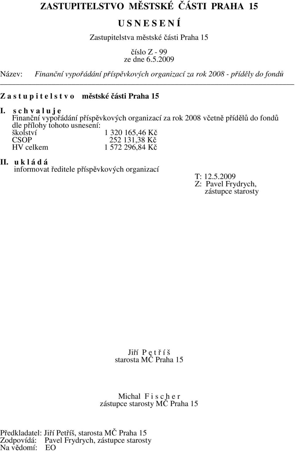 tohoto usnesení: školství 1 320 165,46 Kč CSOP 252 131,38 Kč HV celkem 1 572 296,84 Kč II.