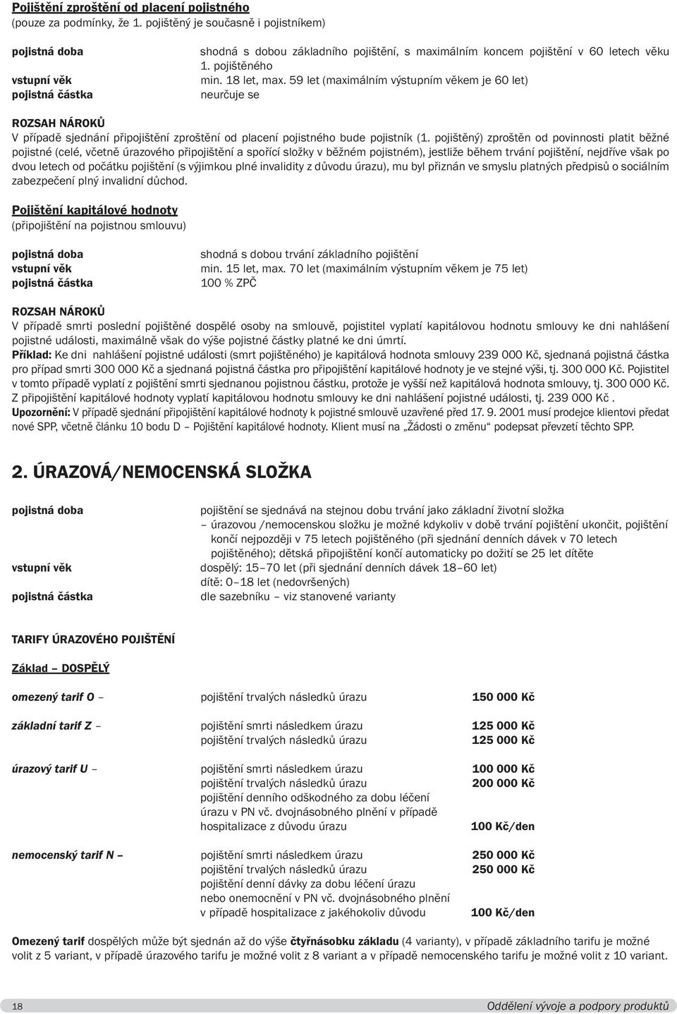 59 let (maximálním výstupním věkem je 60 let) neurčuje se ROZSAH NÁROKŮ V případě sjednání připojištění zproštění od placení pojistného bude pojistník (1.