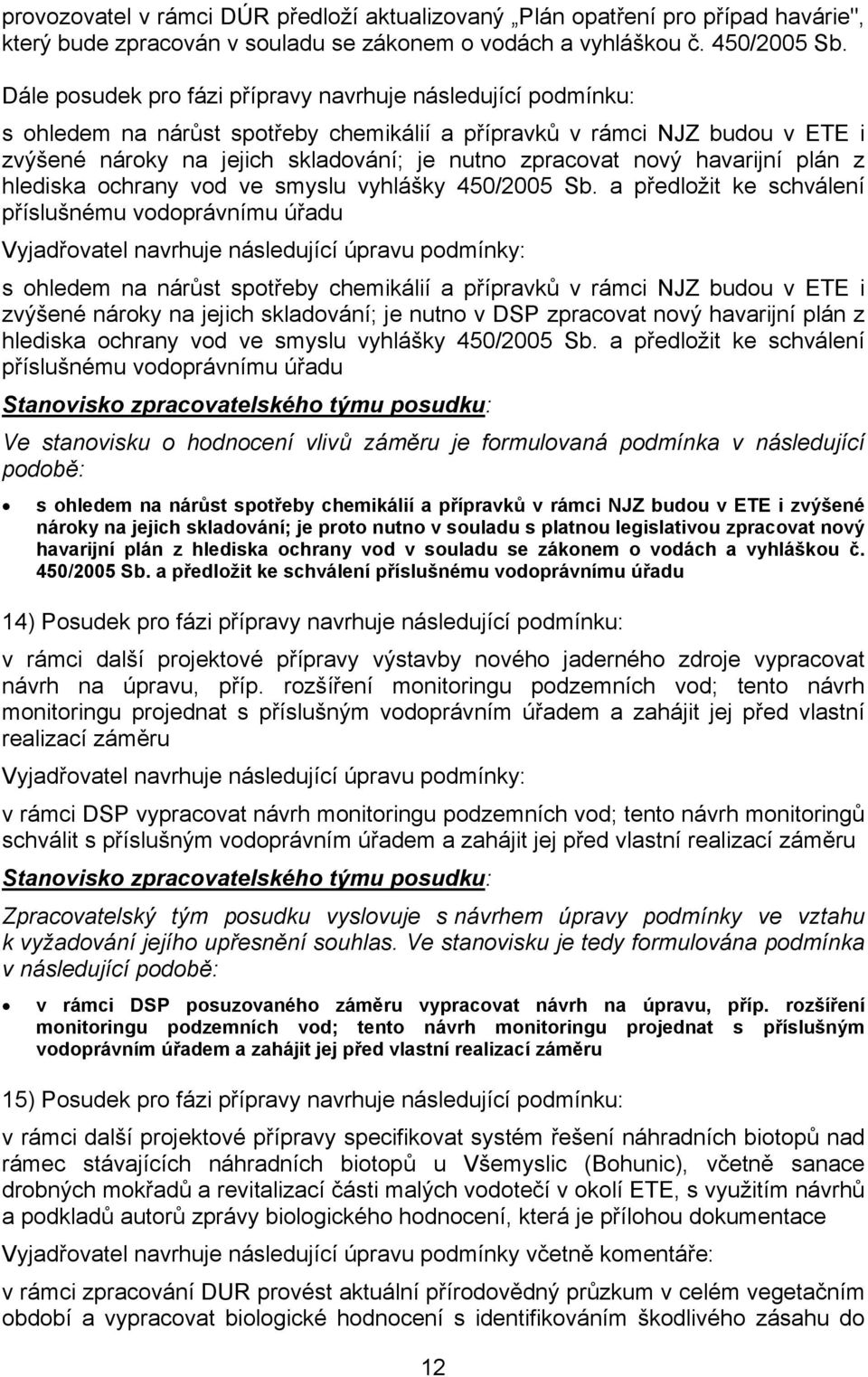 nový havarijní plán z hlediska ochrany vod ve smyslu vyhlášky 450/2005 Sb.