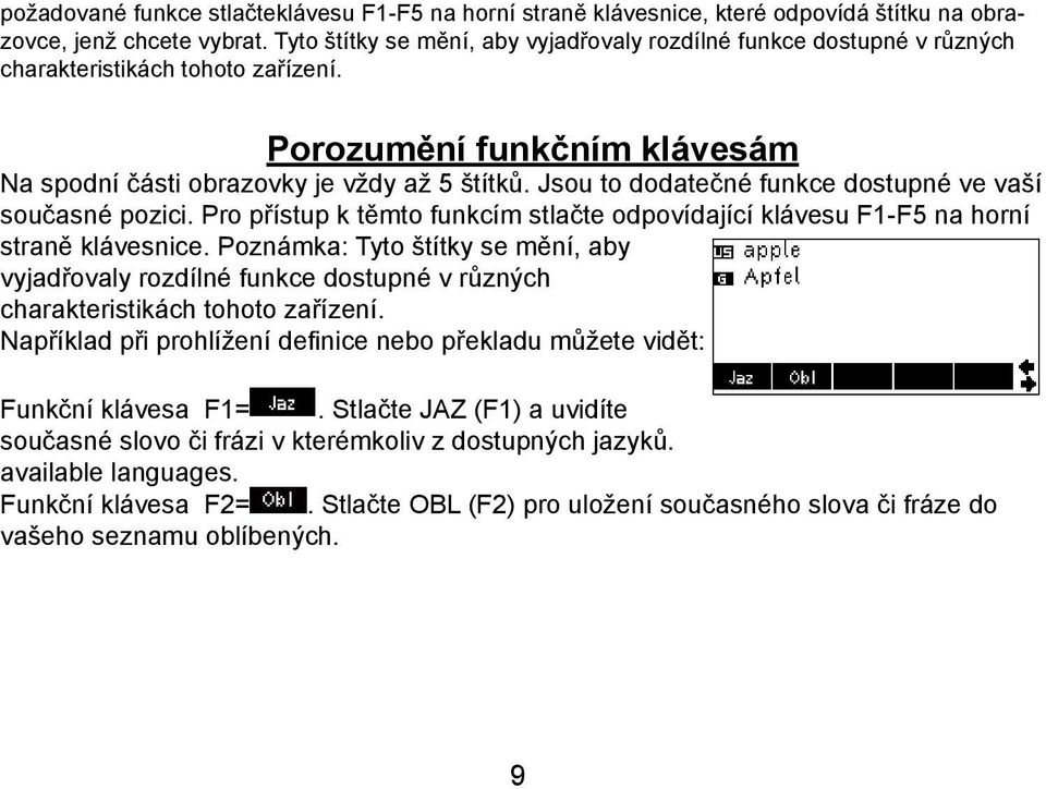 Jsou to dodatečné funkce dostupné ve vaší současné pozici. Pro přístup k těmto funkcím stlačte odpovídající klávesu F1-F5 na horní straně klávesnice.