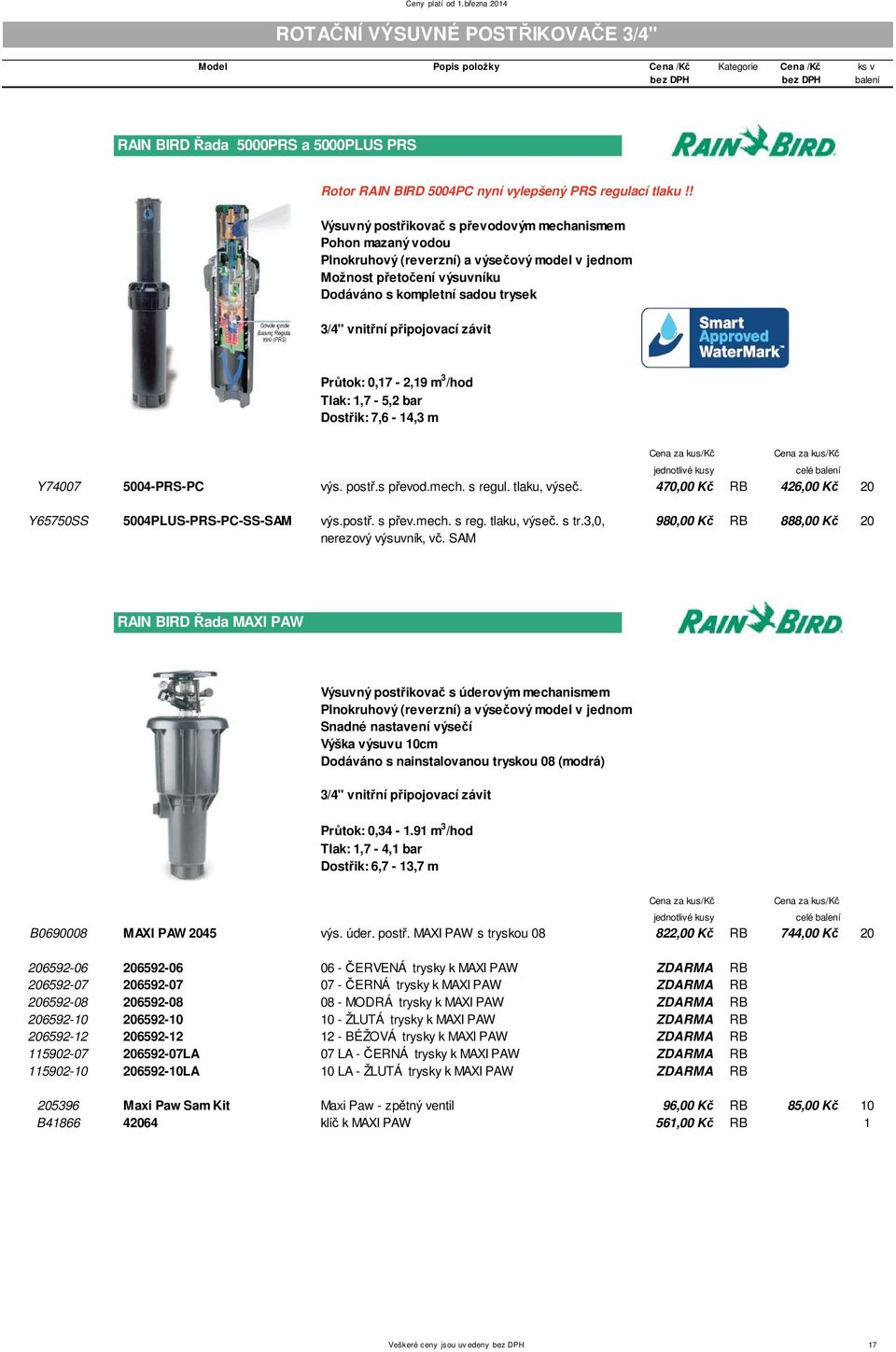 ipojovací závit Pr tok: 0,17-2,19 m 3 /hod Tlak: 1,7-5,2 bar Dost ik: 7,6-14,3 m Y74007 5004-PRS-PC výs. post.s p evod.mech. s regul. tlaku, výse.