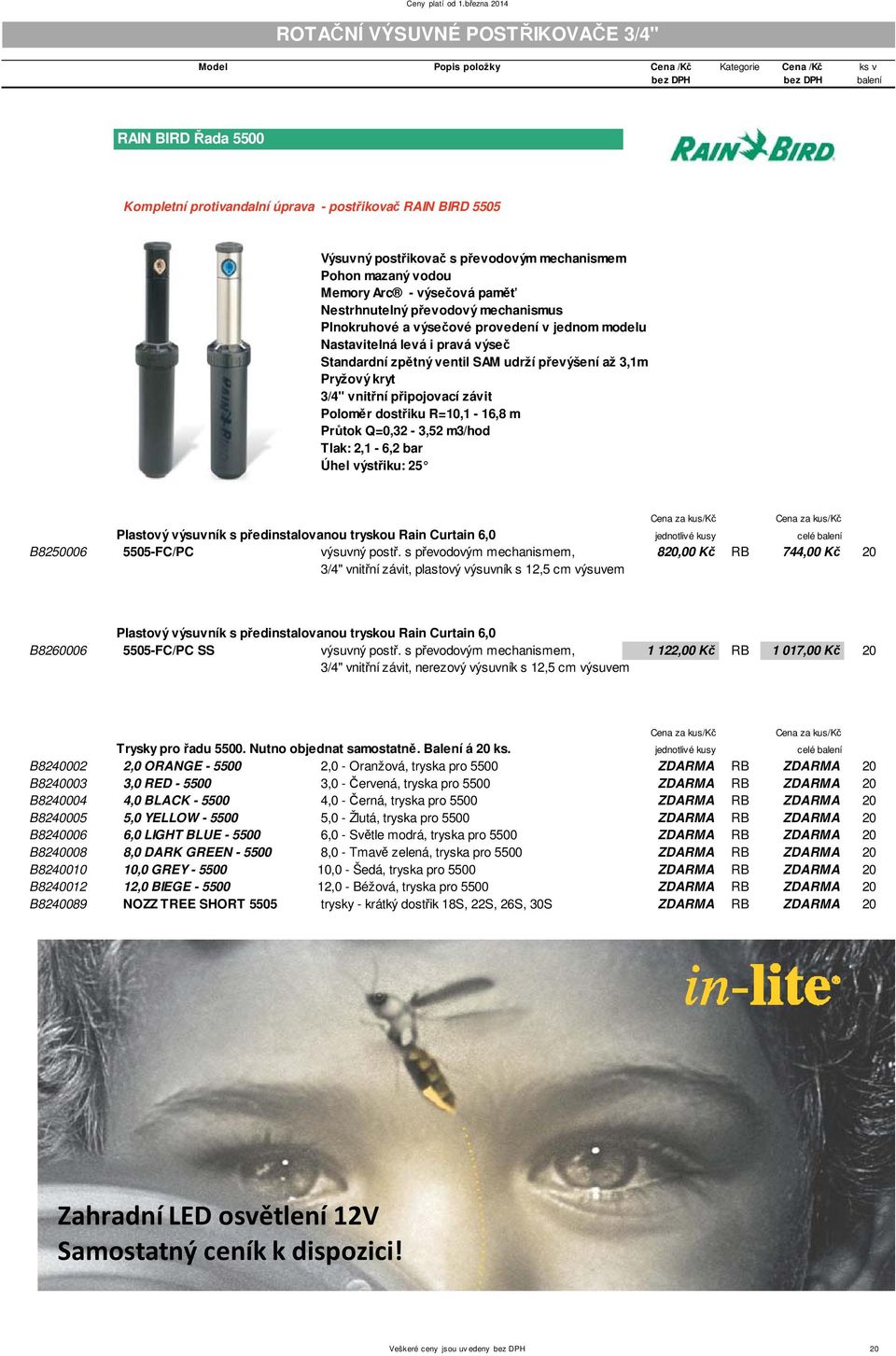 p ipojovací závit Polom r dost iku R=10,1-16,8 m Pr tok Q=0,32-3,52 m3/hod Tlak: 2,1-6,2 bar Úhel výst iku: 25 Plastový výsuvník s p edinstalovanou tryskou Rain Curtain 6,0 B8250006 5505-FC/PC