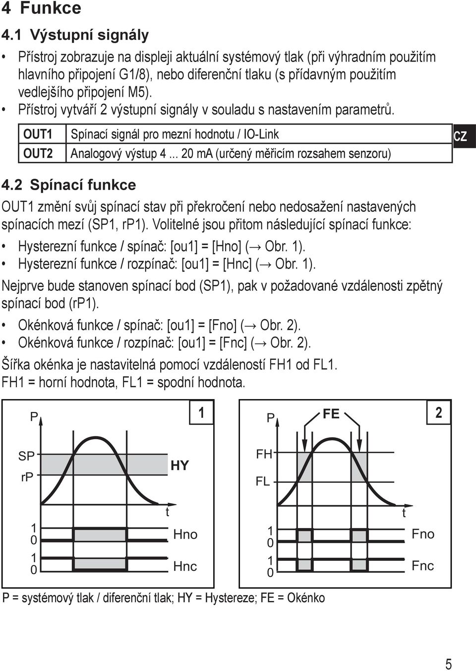 Přístroj vytváří 2 výstupní signály v souladu s nastavením parametrů. OUT1 OUT2 pínací signál pro mezní hodnotu / IO-Link Analogový výstup 4... 20 ma (určený měřicím rozsahem senzoru) CZ 4.