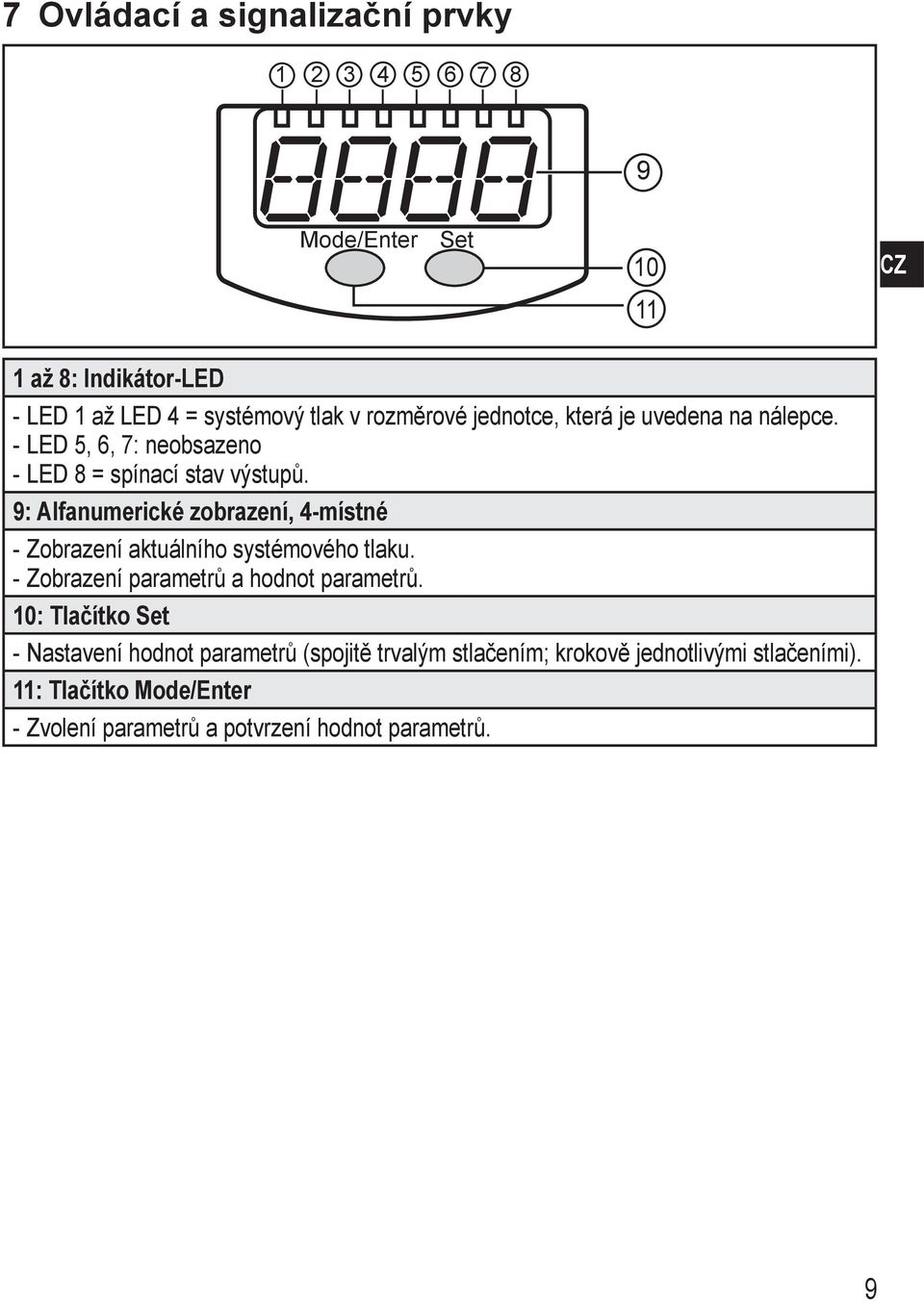 9: Alfanumerické zobrazení, 4-místné --Zobrazení aktuálního systémového tlaku. --Zobrazení parametrů a hodnot parametrů.