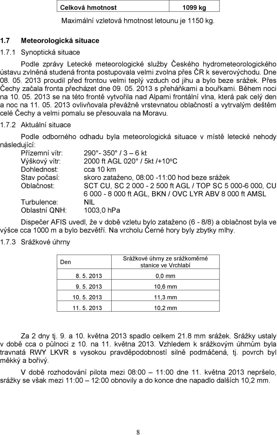 2013 proudil před frontou velmi teplý vzduch od jihu a bylo beze srážek. Přes Čechy začala fronta přecházet dne 09. 05.