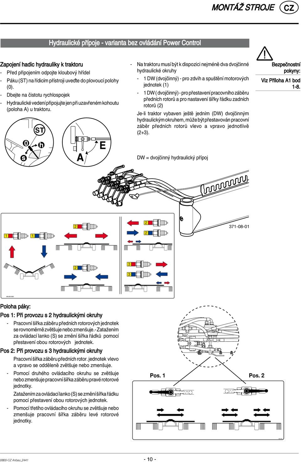 s 0 ST h - Na traktoru musì b t k dispozici nejmènï dva dvojëinnè hydraulickè okruhy - 1 DW (dvojëinn ) - pro zdvih a spuötïnì motorov ch jednotek (1) - 1 DW ( dvojëinn ) - pro p estavenì pracovnìho