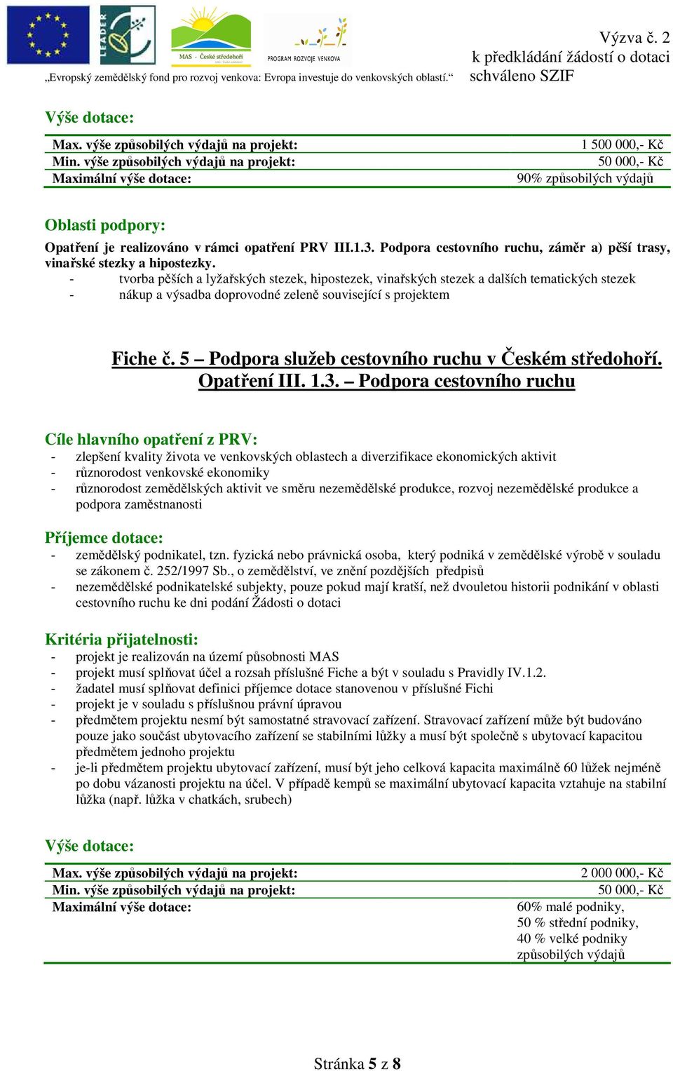 5 Podpora služeb cestovního ruchu v Českém středohoří. Opatření III. 1.3.