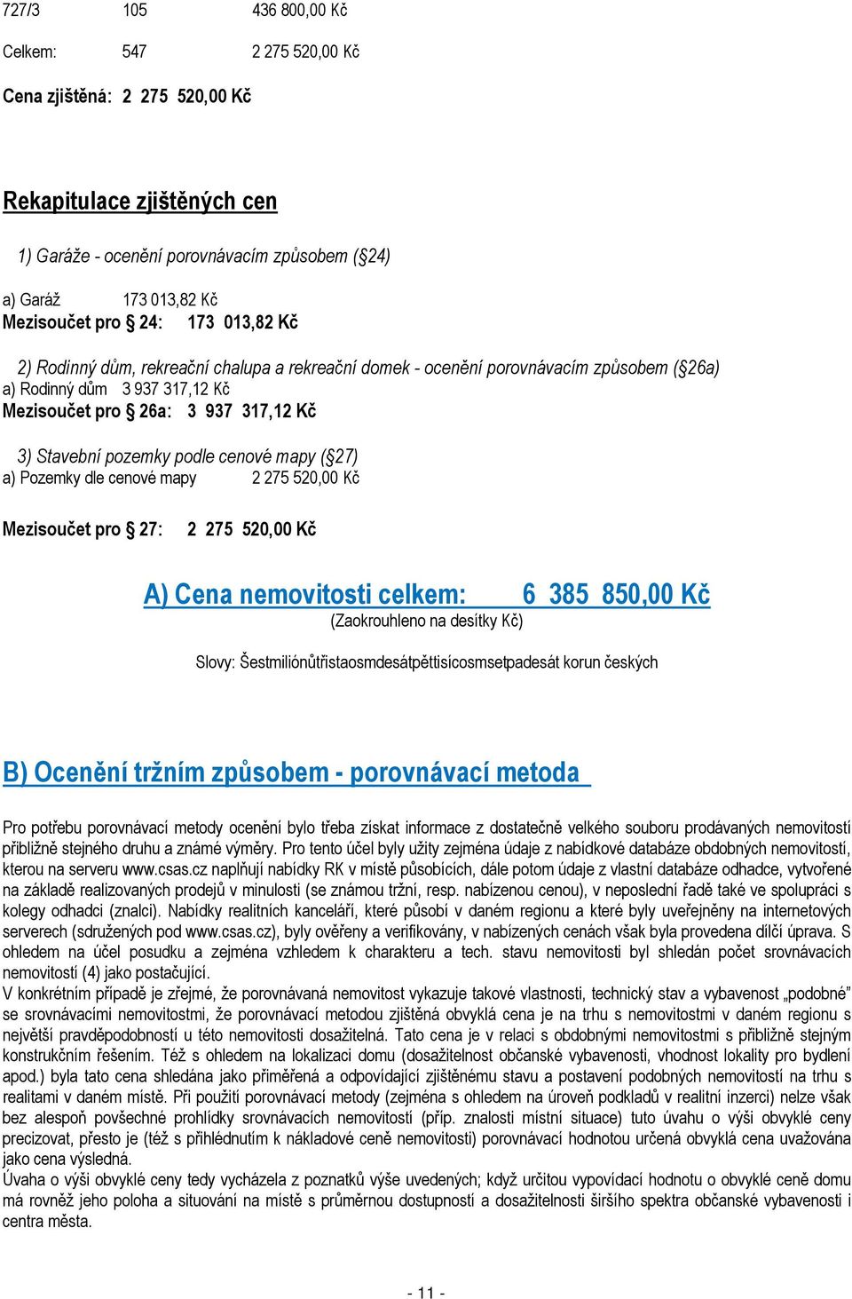 podle cenové mapy ( 27) a) Pozemky dle cenové mapy 2 275 520,00 Kč Mezisoučet pro 27: 2 275 520,00 Kč A) Cena nemovitosti celkem: 6 385 850,00 Kč (Zaokrouhleno na desítky Kč) Slovy: