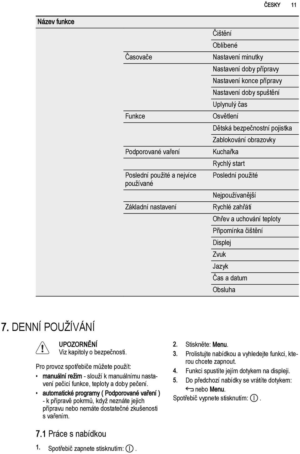 Připomínka čištění Displej Zvuk Jazyk Čas a datum Obsluha 7. DENNÍ POUŽÍVÁNÍ UPOZORNĚNÍ Viz kapitoly o bezpečnosti.