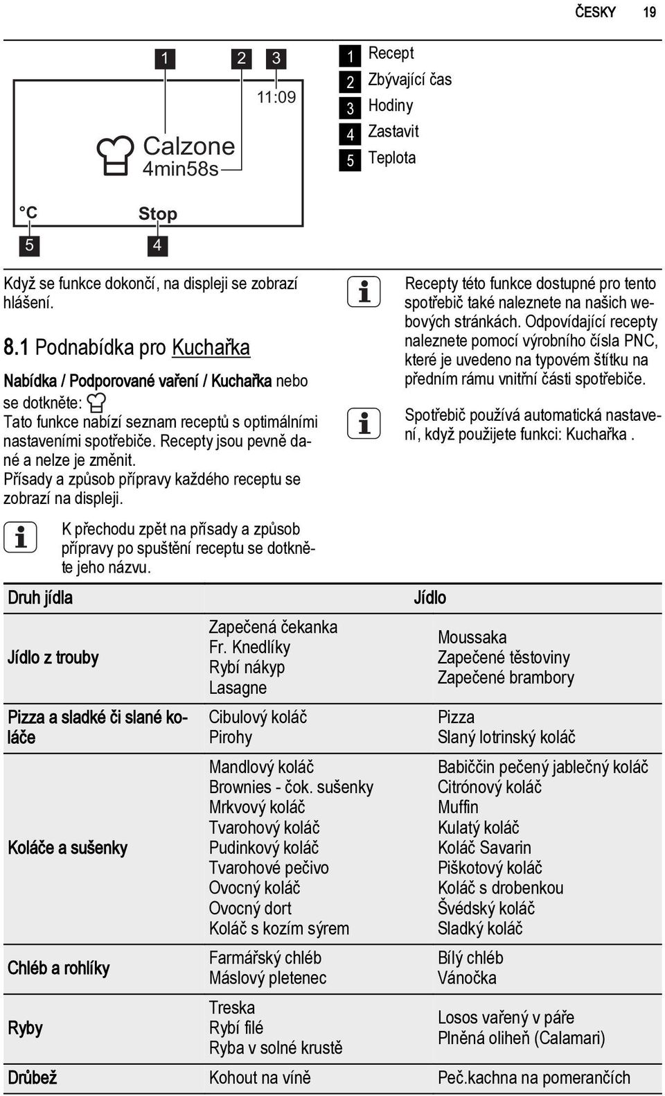 Přísady a způsob přípravy každého receptu se zobrazí na displeji. K přechodu zpět na přísady a způsob přípravy po spuštění receptu se dotkněte jeho názvu. Druh jídla Zapečená čekanka Fr.