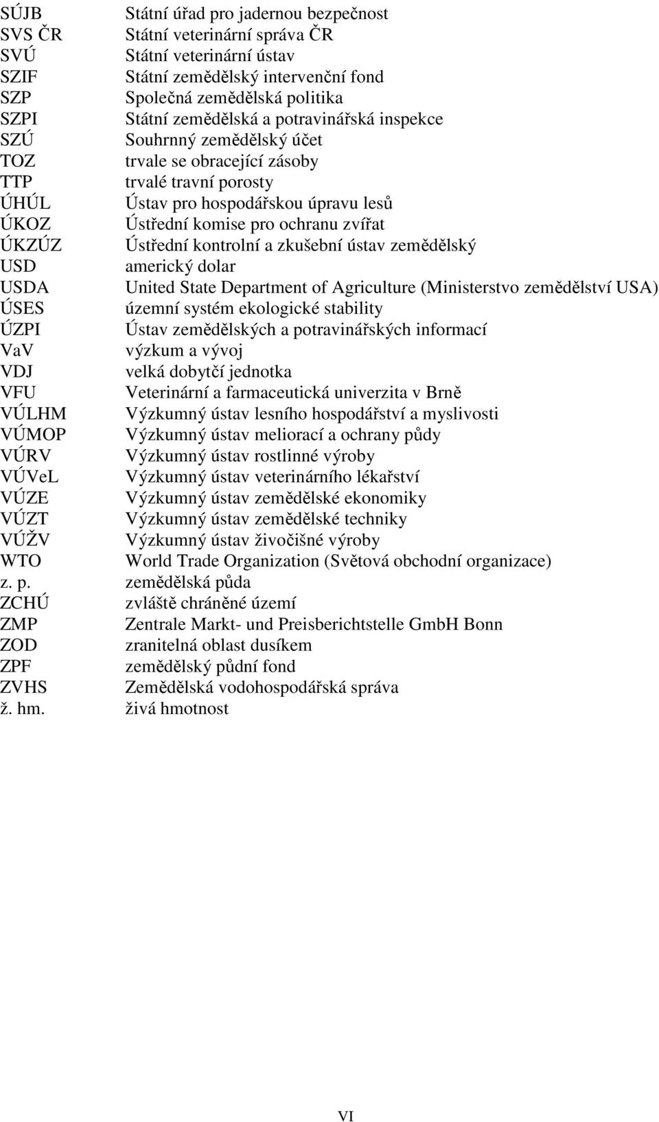zvířat ÚKZÚZ Ústřední kontrolní a zkušební ústav zemědělský USD americký dolar USDA United State Department of Agriculture (Ministerstvo zemědělství USA) ÚSES územní systém ekologické stability ÚZPI