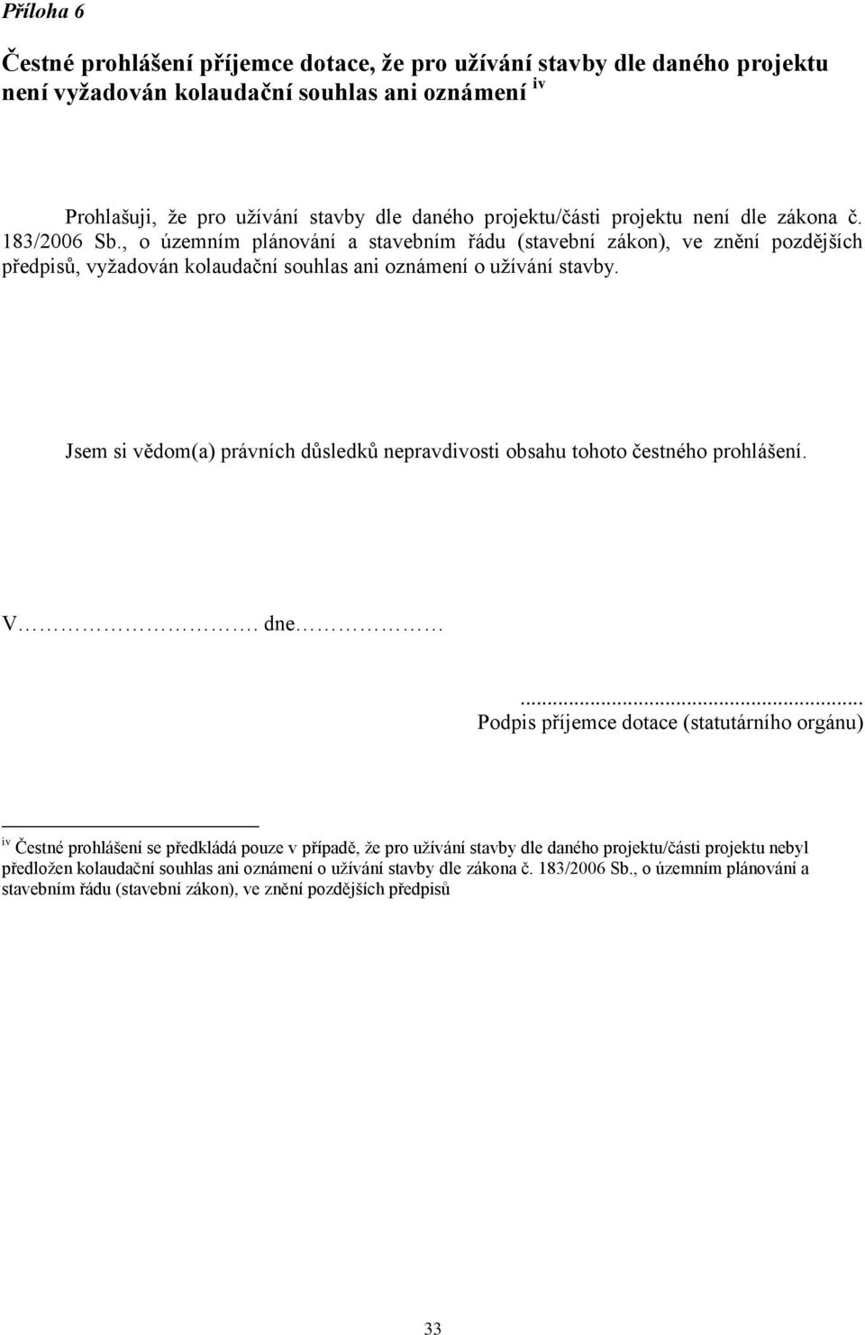 Jsem si vědom(a) právních důsledků nepravdivosti obsahu tohoto čestného prohlášení. V. dne.