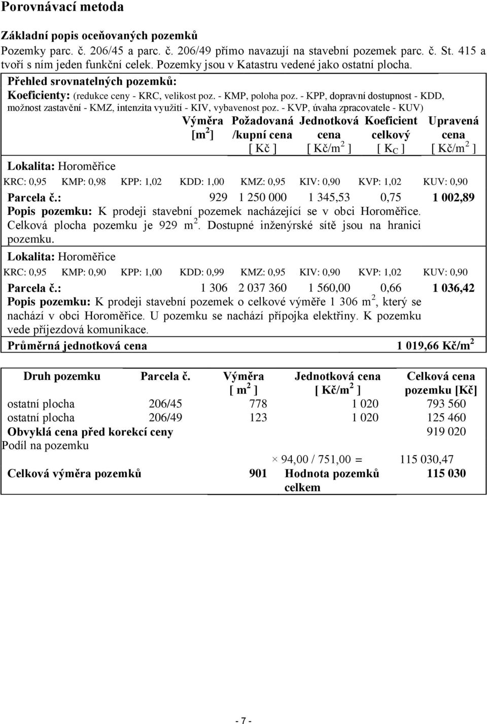 - KPP, dopravní dostupnost - KDD, možnost zastavění - KMZ, intenzita využití - KIV, vybavenost poz.