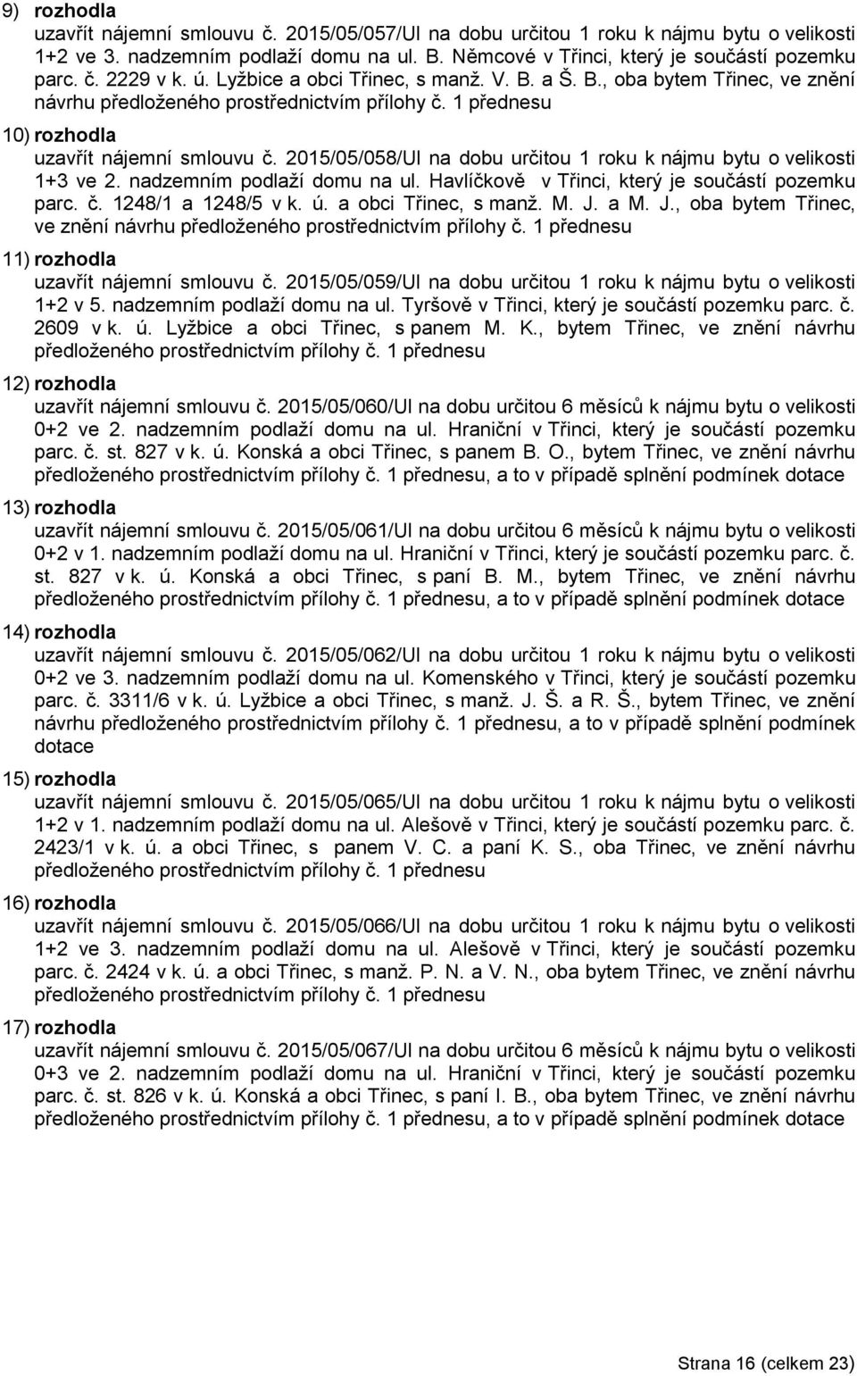 2015/05/058/Ul na dobu určitou 1 roku k nájmu bytu o velikosti 1+3 ve 2. nadzemním podlaží domu na ul. Havlíčkově v Třinci, který je součástí pozemku parc. č. 1248/1 a 1248/5 v k. ú.