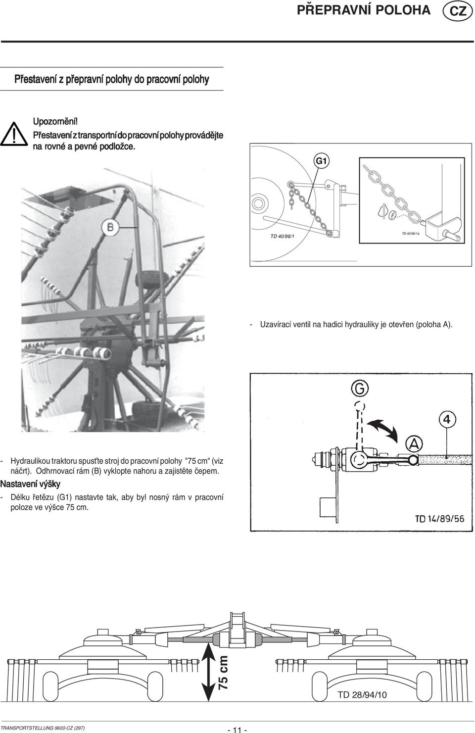 G1 TD 40/96/1 TD 40/96/1a - UzavÌracÌ ventil na hadici hydrauliky je otev en (poloha A).