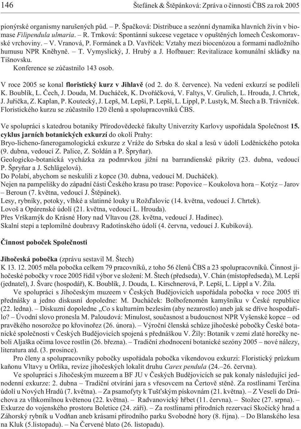 Vymyslický, J. Hrubý a J. Hofbauer: Revitalizace komunální skládky na Tišnovsku. Konference se zúèastnilo 143 osob. V roce 2005 se konal floristický kurz v Jihlavì (od 2. do 8. èervence).