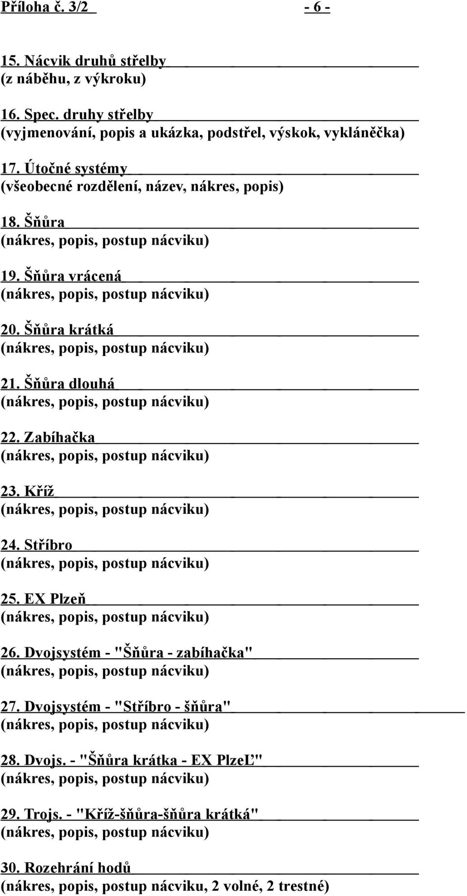 Útočné systémy (všeobecné rozdělení, název, nákres, popis) 18. Šňůra 19. Šňůra vrácená 20.