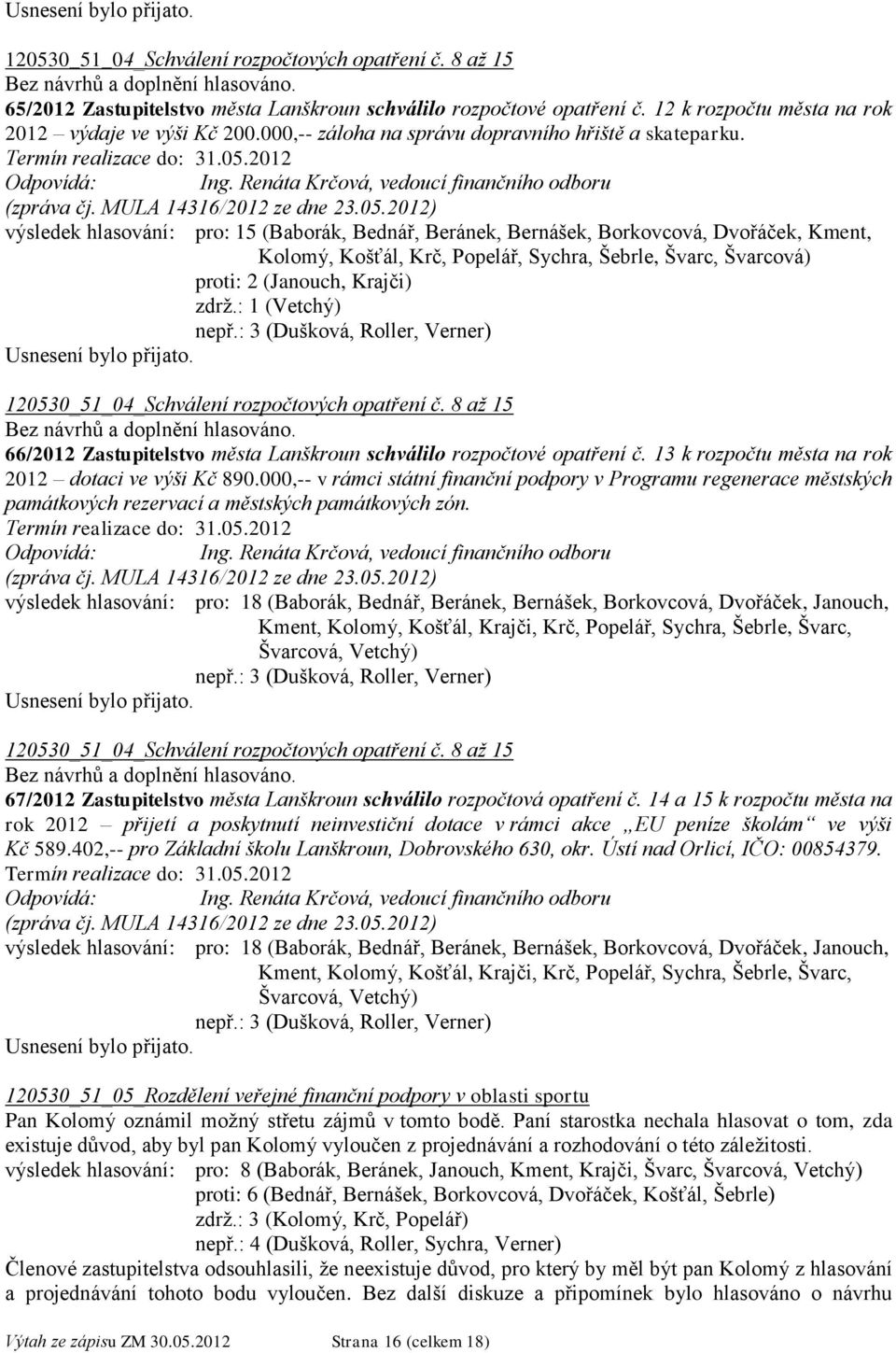 2012 Odpovídá: Ing. Renáta Krčová, vedoucí finančního odboru (zpráva čj. MULA 14316/2012 ze dne 23.05.