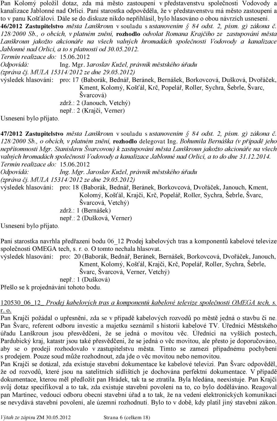 46/2012 Zastupitelstvo města Lanškroun v souladu s ustanovením 84 odst. 2, písm. g) zákona č. 128/2000 Sb.