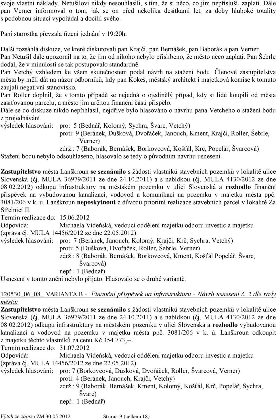 Další rozsáhlá diskuze, ve které diskutovali pan Krajči, pan Bernášek, pan Baborák a pan Verner. Pan Netušil dále upozornil na to, že jim od nikoho nebylo přislíbeno, že město něco zaplatí.