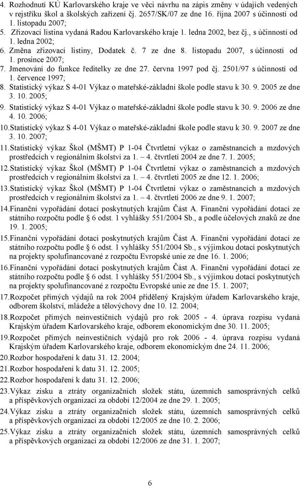 prosince 2007; 7. Jmenování do funkce ředitelky ze dne 27. června 1997 pod čj. 2501/97 súčinností od 1. července 1997; 8. Statistický výkaz S 4-01 Výkaz o mateřské-základní škole podle stavu k 30. 9.