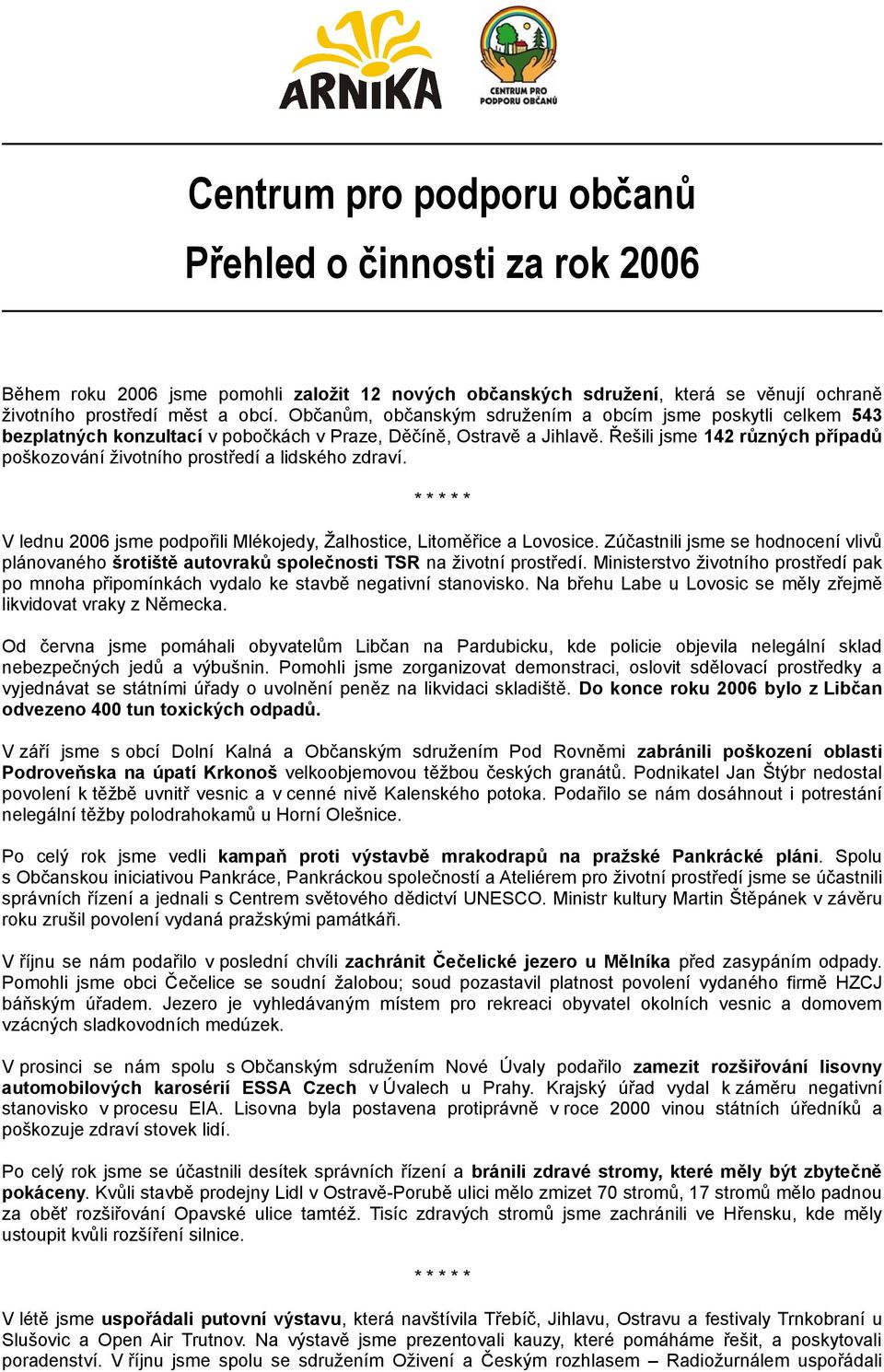 Řešili jsme 142 různých případů poškozování životního prostředí a lidského zdraví. * * * * * V lednu 2006 jsme podpořili Mlékojedy, Žalhostice, Litoměřice a Lovosice.